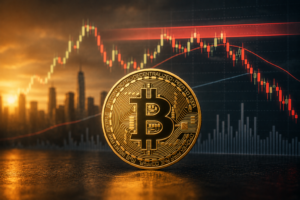 Bitcoin-Symbol vor fallendem Kursdiagramm bei Sonnenuntergang, Finanzmarktanalyse, Kryptowährung, In.