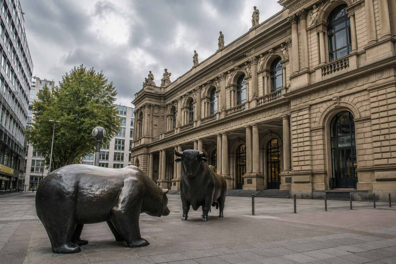 Bulle und Bär Skulpturen vor einem historischen Gebäude in Frankfurt.