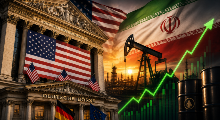 Hochsicherer Blick auf die Börse mit US- und Iran-Flaggen bei Sonnenuntergang, Ölpreise und Kursanst.