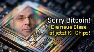 Künstliche Intelligenz Chips auf einem Computerprozessor, mit Text: