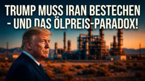 Der US-Präsident vor einer Ölraffinerie bei Sonnenuntergang, kritisiert Irans Bestechung und den Ölp.