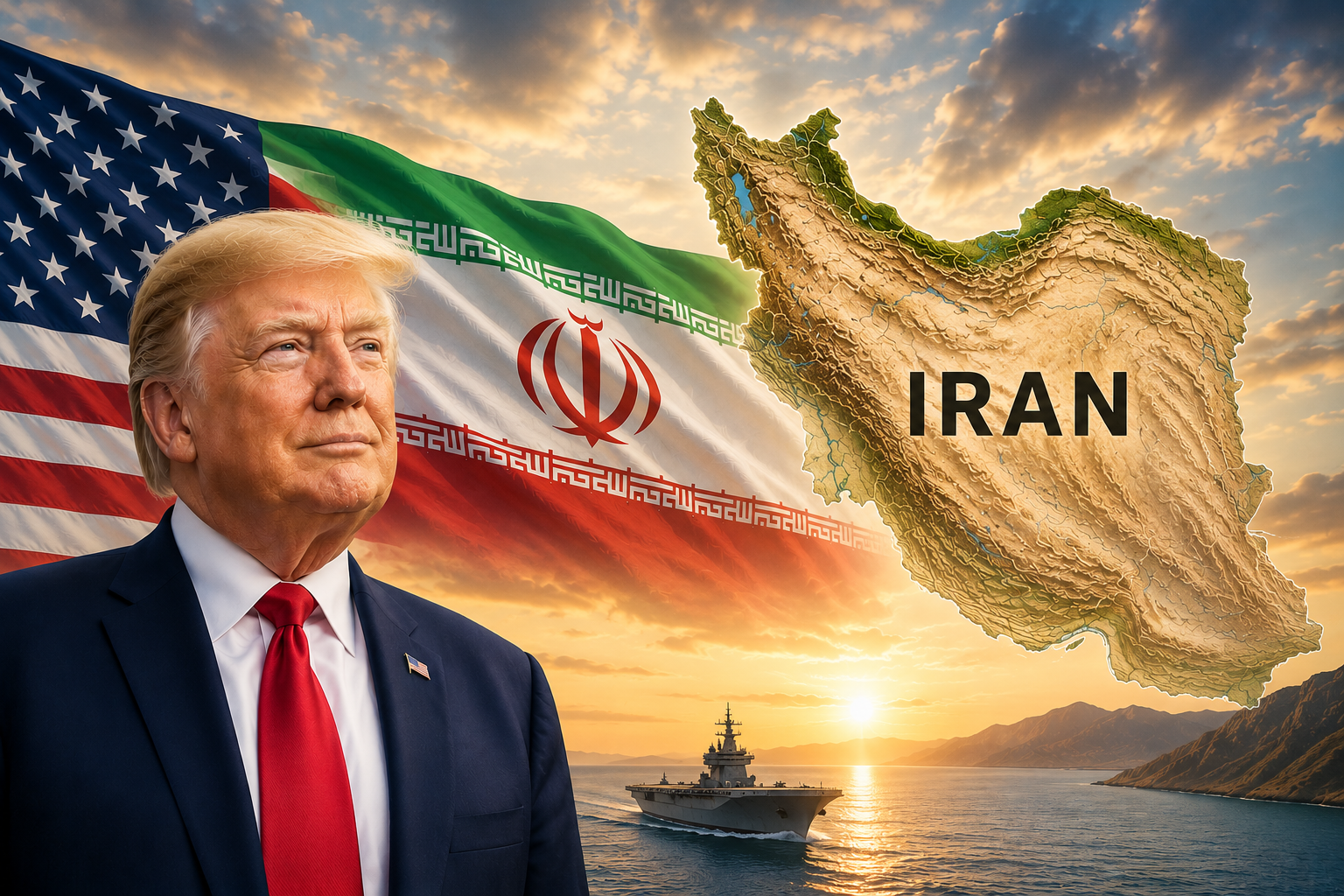 Amerikanischer Präsident vor iranischer Flagge und Karte Iran bei Sonnenuntergang.