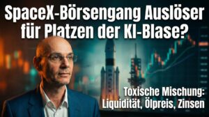 Hauptbild eines Mannes vor einem digitalen Börsenhintergrund mit SpaceX-Rakete.