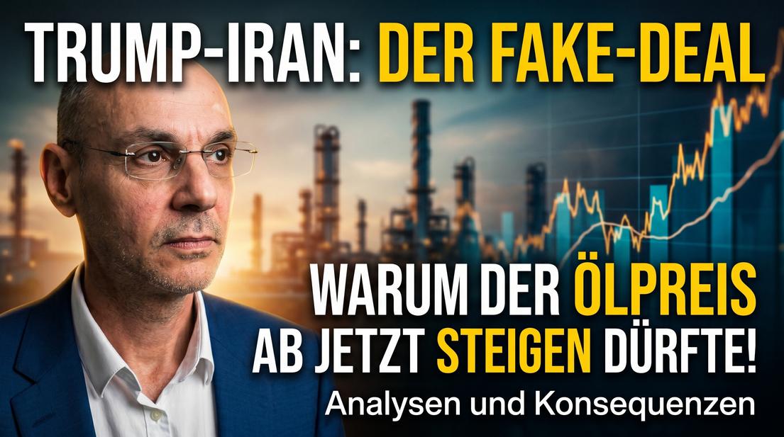 Hochwertiges Bild zur Trump-Iran-Fake-Deal-Debatte mit Ölpreisentwicklung und Expertenanalyse.