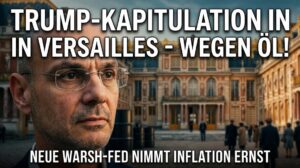 Donald Trump vor dem Palast in Versailles, Fokus auf sein Gesicht.
