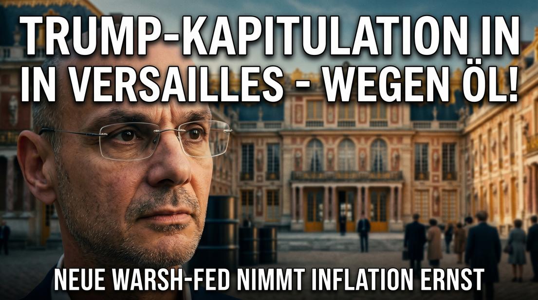 Donald Trump vor dem Palast in Versailles, Fokus auf sein Gesicht.