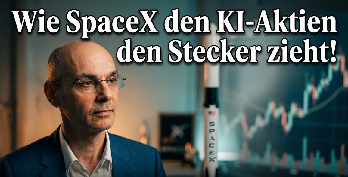 Experte vor einem Bildschirm mit Finanzcharts und SpaceX-Rakete.