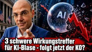 Experte vor digitaler KI-Grafik mit fallender Kurve.