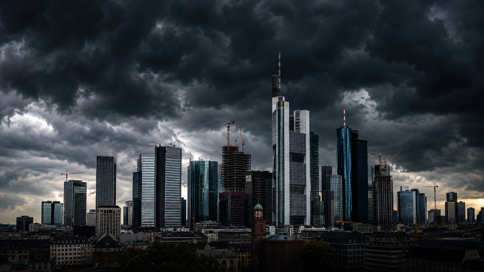 Dunkle Wolken über Frankfurts Skyline mit Hochhäusern und Baustellen.