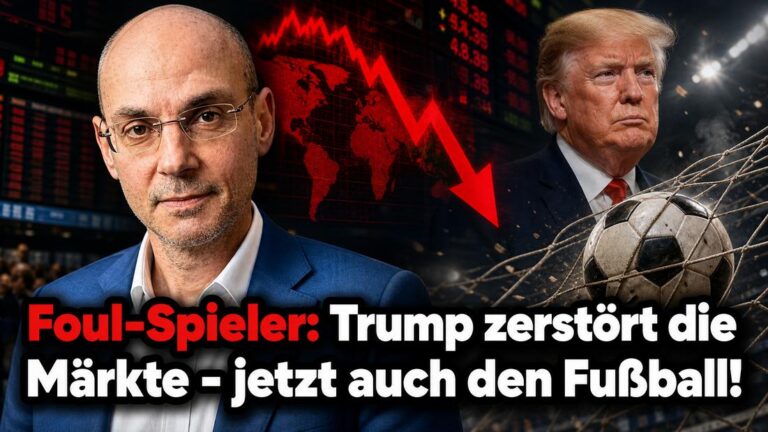 Trump, Finanzmärkte und Fußball mit fallendem Kurs-Graphik.