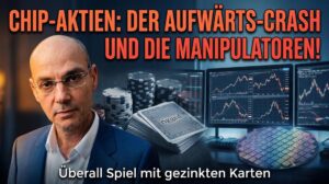 Finanzexperte vor mehreren Monitoren mit Aktiencharts und Chips-Stack.
