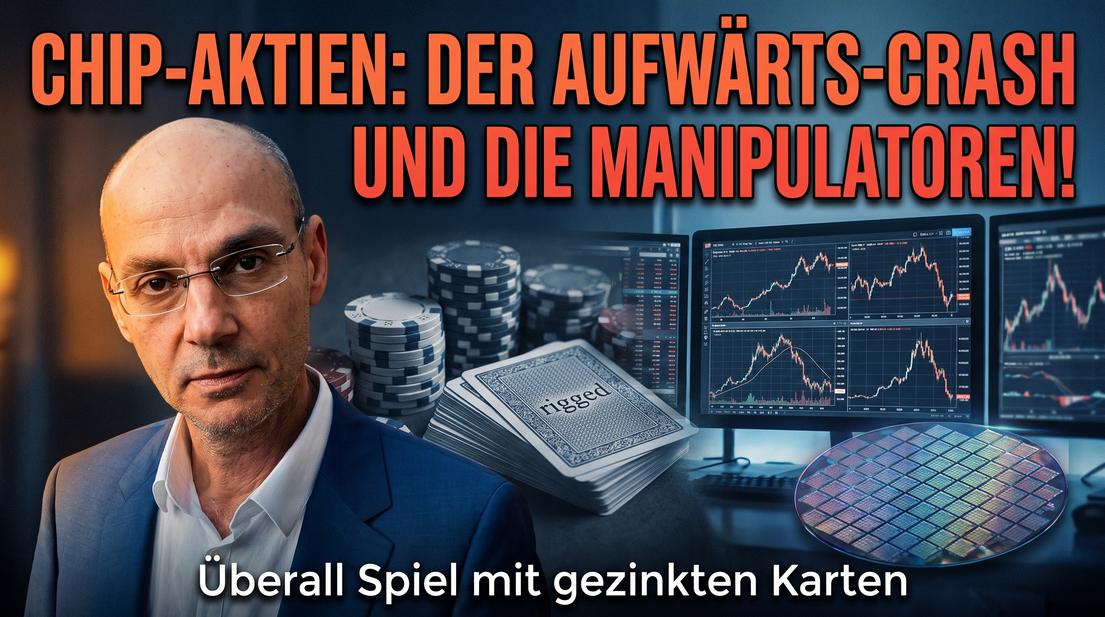 Finanzexperte vor mehreren Monitoren mit Aktiencharts und Chips-Stack.