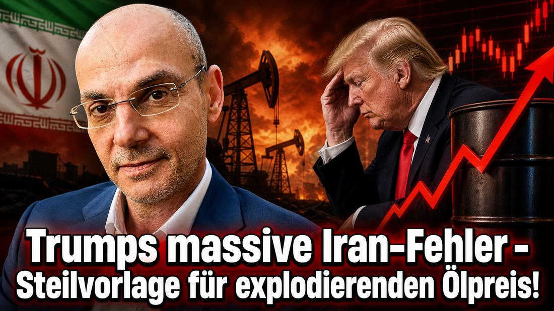 Politiker vor Ölbohrplattform mit Iran-Flagge und fallendem Ölpreis.