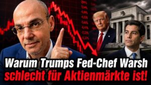 Analyst mit Finanzcharts, Trump und Fed-Chef Warsh vor Bankgebäude.