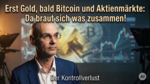 Finanzexperte vor digitalem Börsen-Chart mit Gold- und Bitcoin-Symbolen.