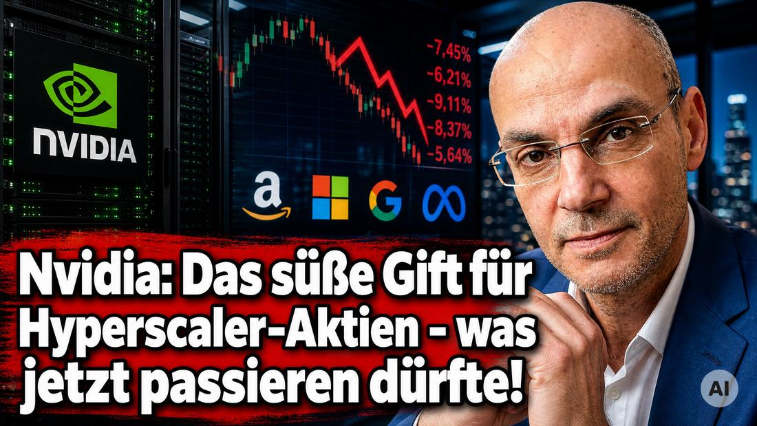 Nvidia-Aktie mit fallenden Kursen und Tech-Giganten im Hintergrund.