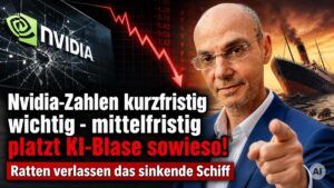 Nvidia-Zahlen und fallende Kurve, KI-Blase im Fokus.