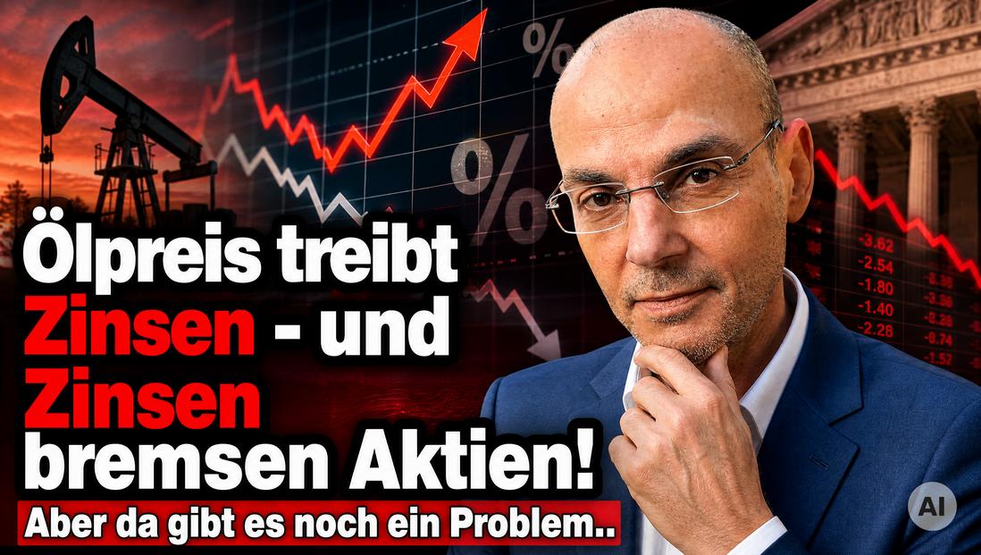 Finanzexperte vor fallendem Aktienchart und Ölpreis-Graph.