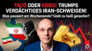 Trump, Gold und Iran-Karte vor fallendem Aktienchart.