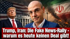 Politiker vor US- und Iran-Flagge mit brennender Stadt im Hintergrund.