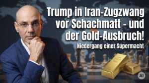 Mann in Anzug vor Schachbrett mit Goldbarren, politische und Finanzthemen.