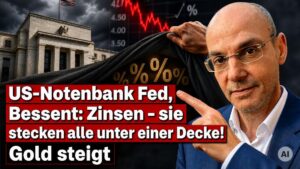 Finanzexperte vor US-Notenbank mit fallenden Zinsdiagrammen im Hintergrund.