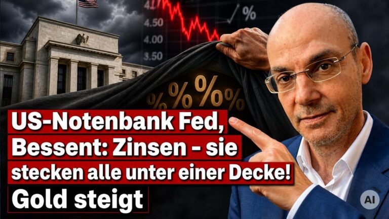 Finanzexperte vor US-Notenbank mit fallenden Zinsdiagrammen im Hintergrund.
